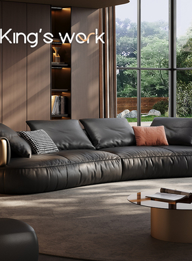 高端豪华别墅横客厅现代简约意式轻奢黑色弧形头层全真牛青皮沙发