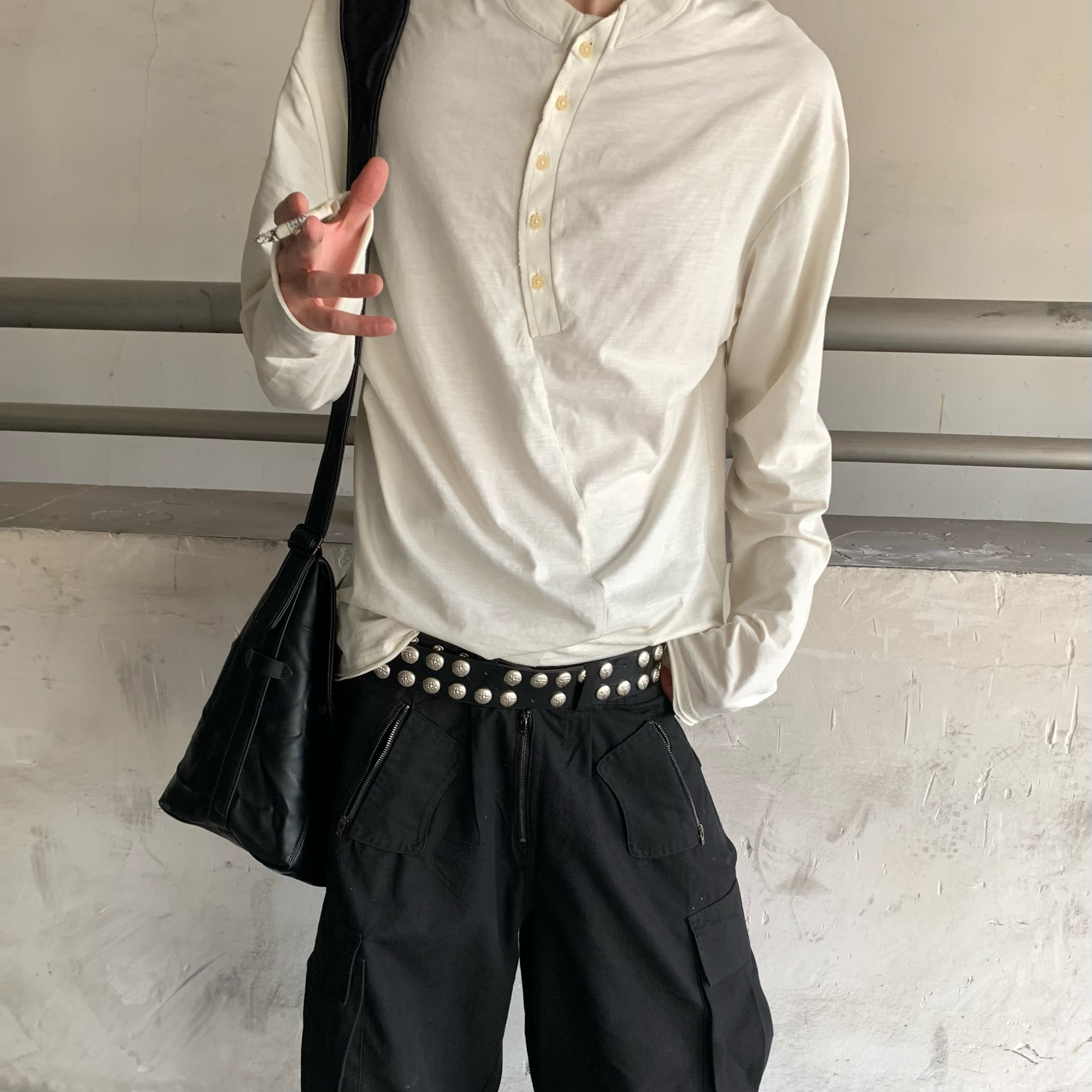 KUJOY/OASIS 纯棉竹节亨利领长袖T恤弧形设计“S”型宽松打底