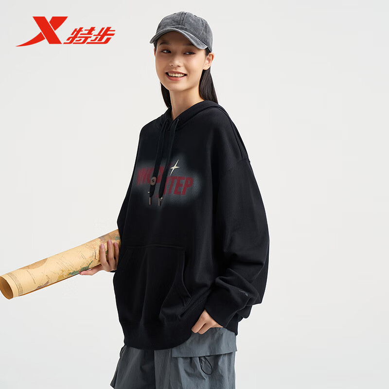 特步运动连帽卫衣男女同款2024秋季新款时尚印花上衣976327930246