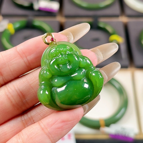 v1色标 碧玉冰阳绿无黑佛公吊坠 18k