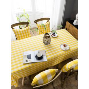 黄色格子棉麻布艺餐桌布北欧现代简约家用台布粉色格子茶几盖布