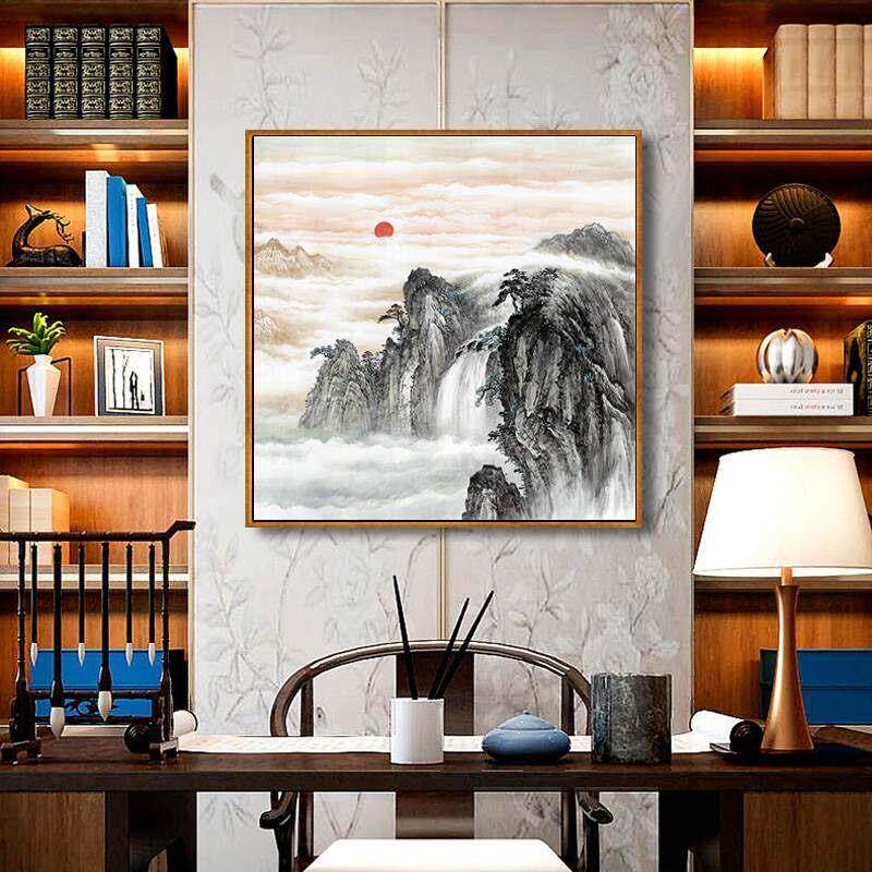 山水风景画客厅挂画正方形办公室装饰画高山流水生财靠山招财壁画