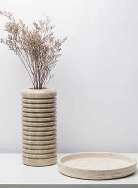 现代简约天然黄洞石花器桌面装饰摆件客厅茶几大理石果盘台面花瓶