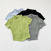 运动上衣女速干透气短袖 骑行瑜伽跑步外套健身服夏运动服 拉链修身