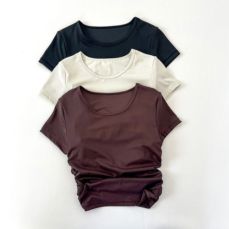 侧边褶皱运动短袖女夏季弹力紧身新款显瘦条纹健身瑜伽t恤短款,运动服/休闲服装,运动T恤,淘宝优惠券,粉丝福利购,淘宝优惠卷