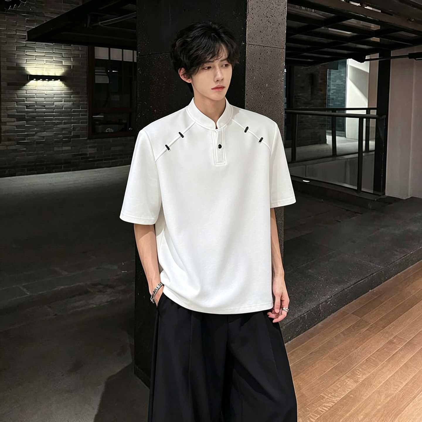 thumbnail for SJVK American Style Hipster Cool Padded Shoulder Short Sleeve T-Shirt Men's Summer Trendy Design Henry Collar Top Shoulder T-Shirt