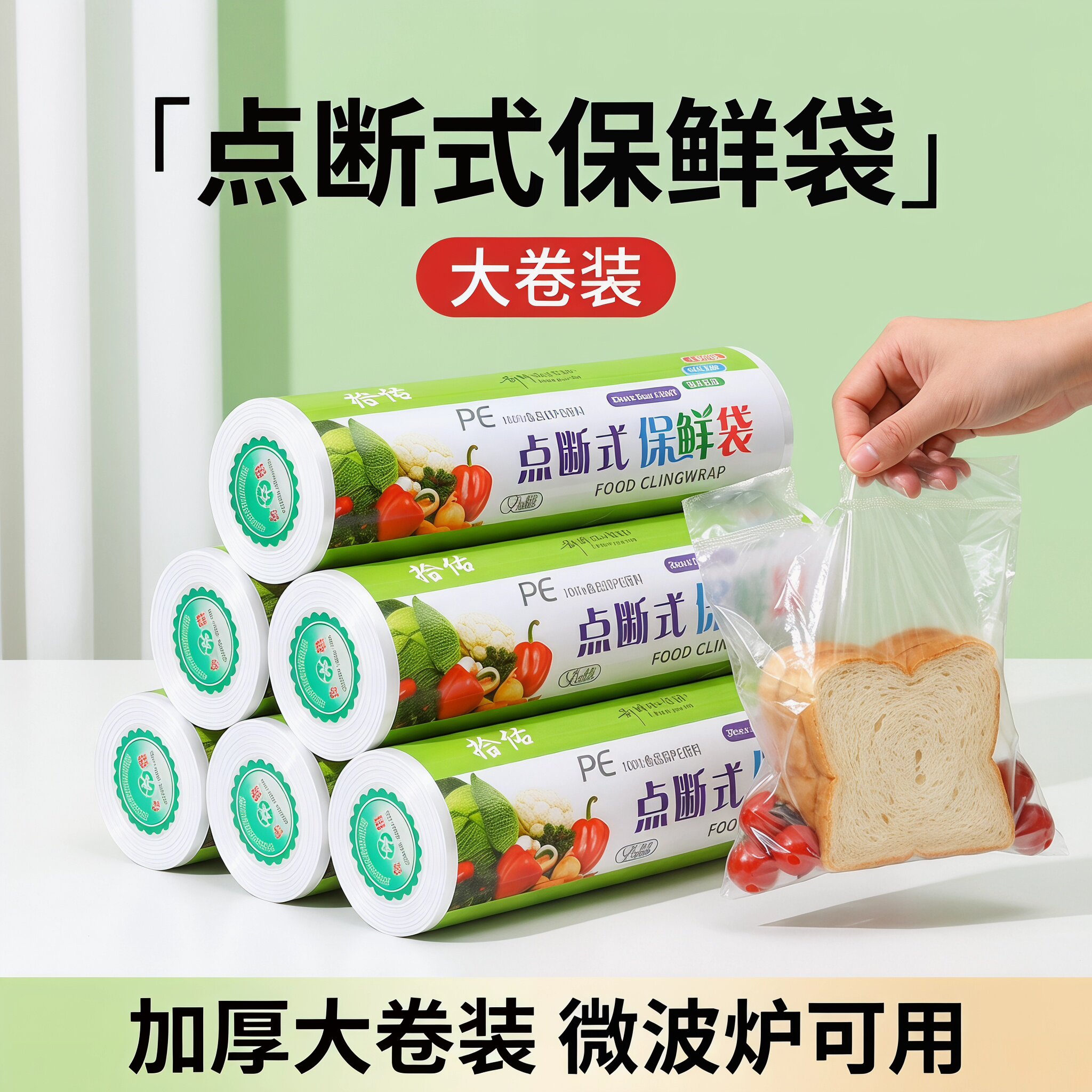 300只装断点式手撕加厚保鲜袋食品级家用耐高温食品包装袋塑料袋
