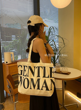泰国小优帆布包托特包小众设计gentlewoman字母休闲大容量单肩包