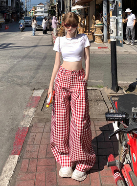 叶小可红色慵懒风格子裤女2025夏季薄款甜妹复古高腰休闲阔腿裤女