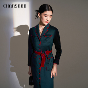 原创设计师品牌 香莎复古丝绒撞色羊毛连衣裙女装 时尚 洋气 时髦