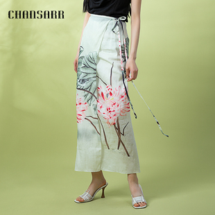 香莎CHANSARR 国风水墨印花一片式半裙 中式文艺浪漫舒适亚麻裹裙