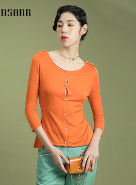 香莎CHANSARR 简约百搭橙色针织长袖开衫 修身显瘦 别致设计上衣