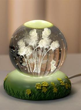 发光玫瑰郁金香花束水晶球小夜灯桌面摆件生日礼物女生送女友闺蜜