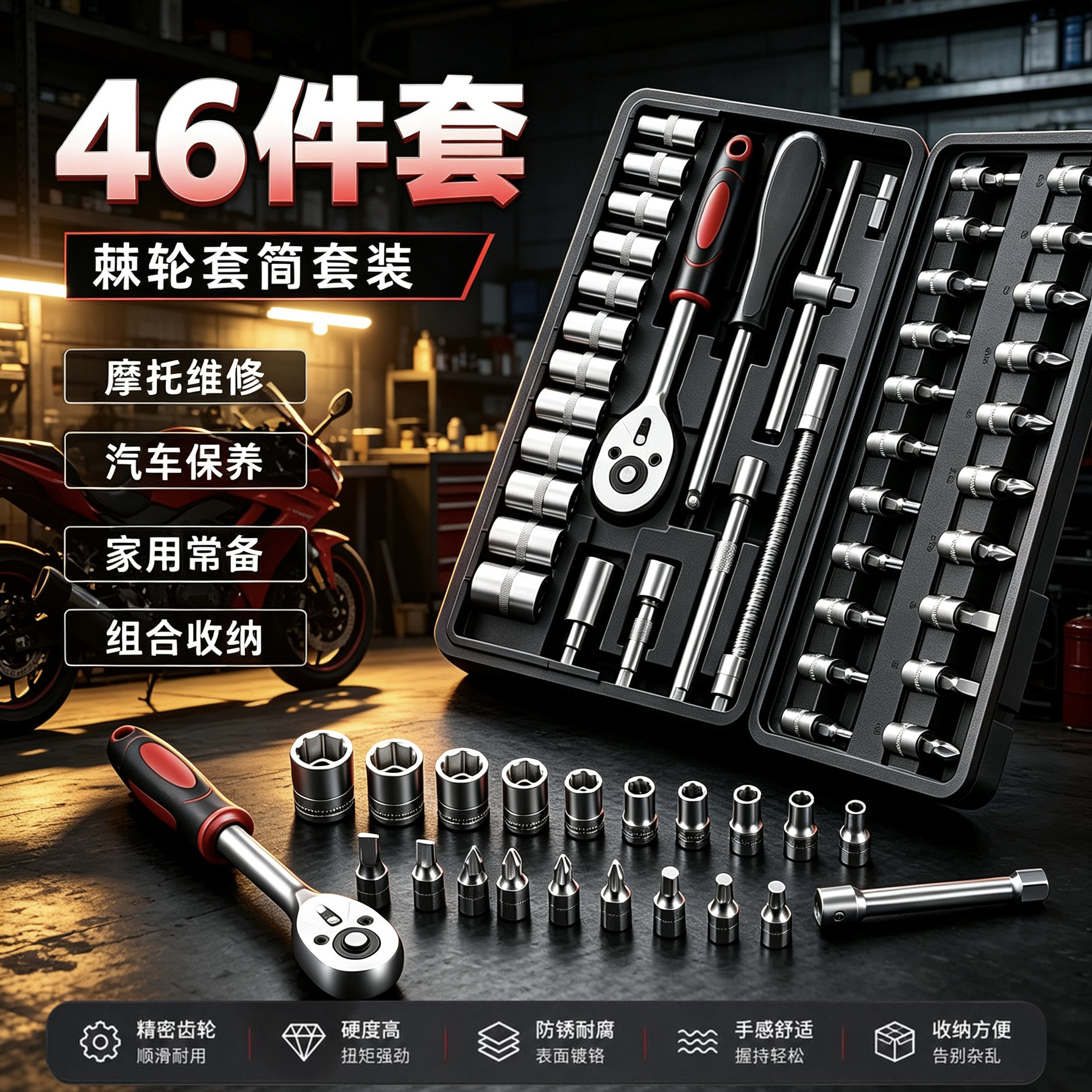 46件套家庭装组合修车工具套装摩托车维修工具