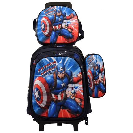 Iron Man School Bag with Lights, Lunch Box, Pencil Case Three-Piece Set for Elementary School Students, Cartoon Spine-Protecting Backpack, Trolley Bag