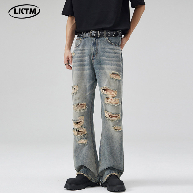 LKTM男装#美式高街hiphop做旧重工破洞牛仔裤男女宽松显瘦微喇裤