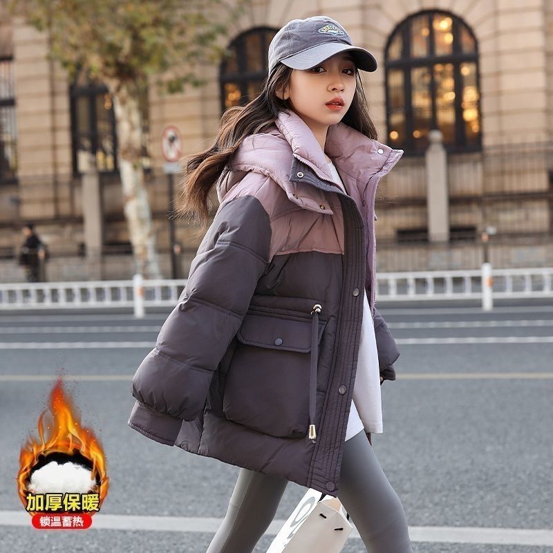 女童拼色收腰羽绒棉服2024新款中大儿童冬季装中长款洋气棉袄外套