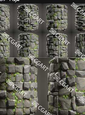 11种Substance Designer风格化苔藓石墙地砖石头岩石地面sd材质