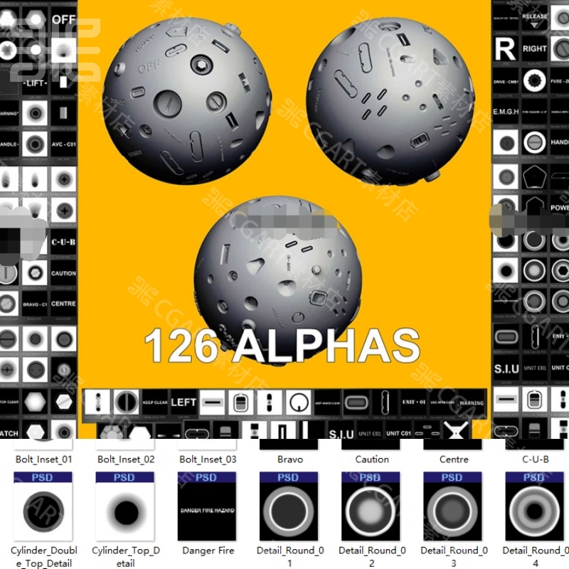 126个Zbrush科幻硬表面alpha笔刷 机械细节游戏美术zb雕刻贴图psd
