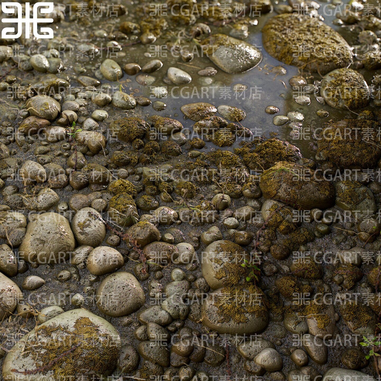 Substance Designer河床岩石头河水道纹理sd材质球river pebbles
