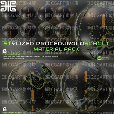 Substance Designer风格化裂缝水坑苔藓损坏沥青路面纹理sd材质球