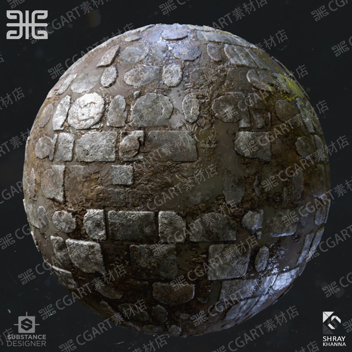 Substance Designer写实湿鹅卵石地面地板旧砖石铺路砖块sd材质球