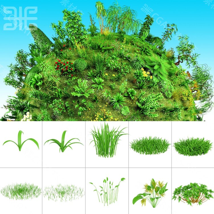 101种zbrush草丛植物叶子小树笔刷ZBP+绿植草地植被蕨类3d模型obj
