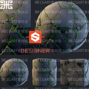Substance Designer风格化裂纹苔藓草丛地板铺地石纹理sd材质球SP