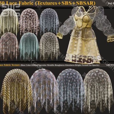 50种Substance Painter蕾丝花边透明花纹网纱网布料材质球sp材质