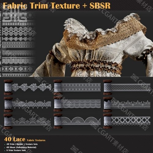 40种Substance Painter蕾丝花边饰边衣服裙子纹理sp透贴布料材质