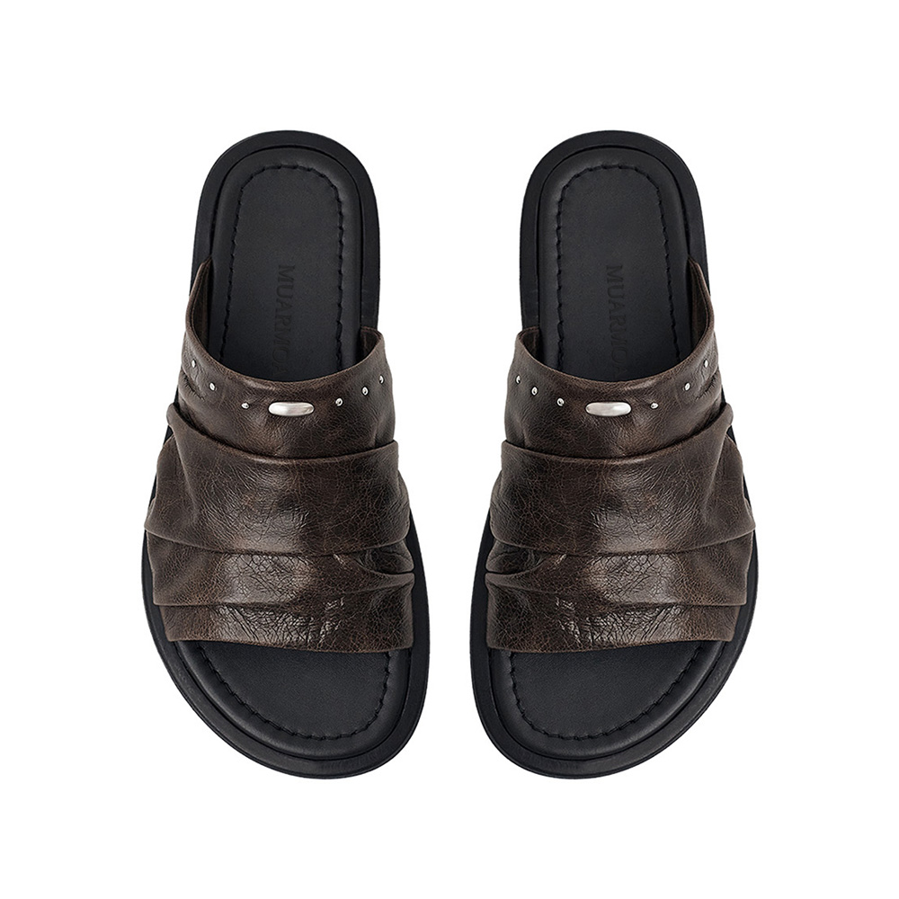 MUARMOA 复古山羊皮露指拖鞋夏款时尚拖鞋舒适外穿一字拖鞋