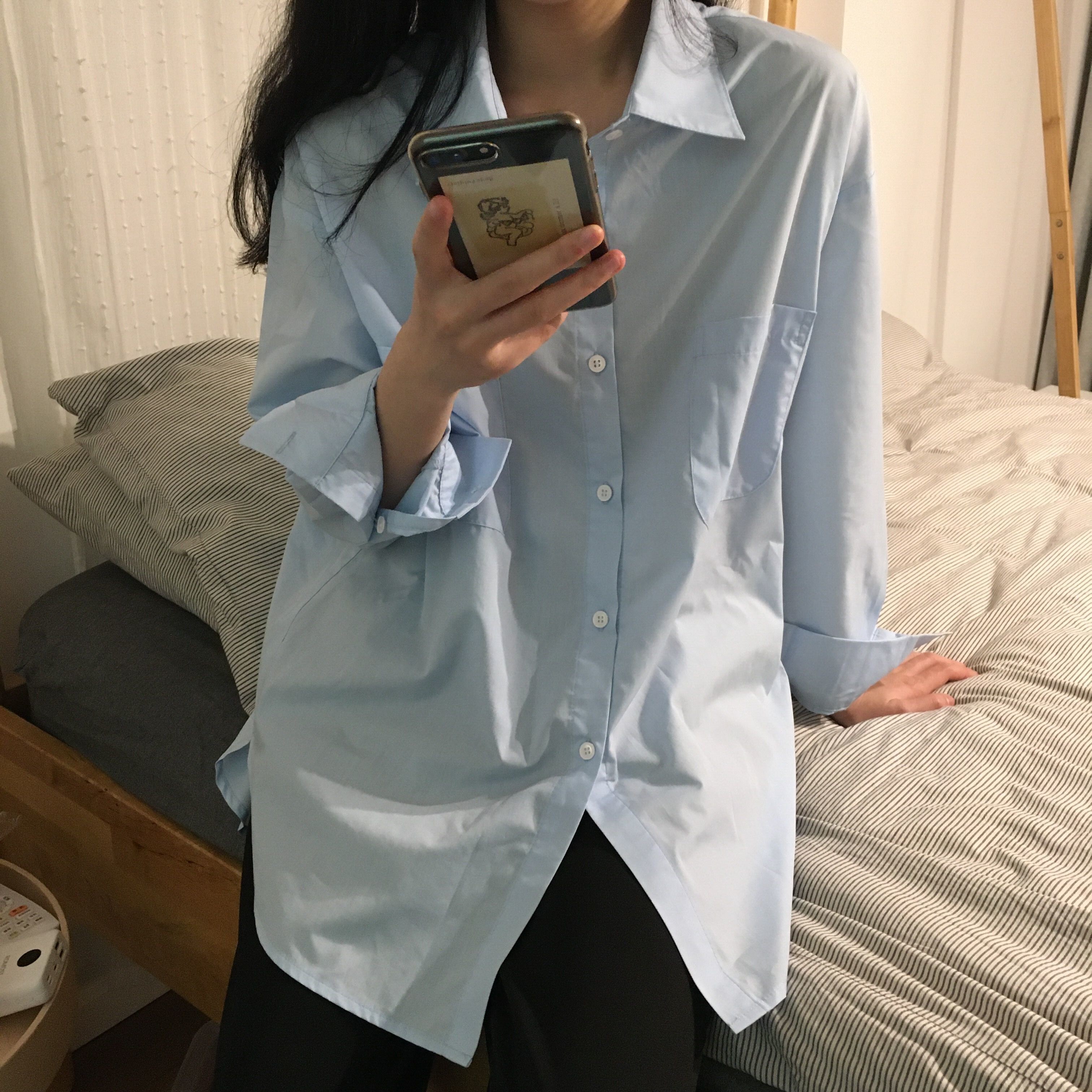 THELMH耶耶 淡蓝色衬衫女2024秋季新款ins宽松百搭衬衣学院风上衣