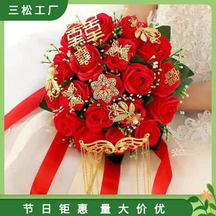 手捧花新娘新款 结婚仿真玫瑰花香皂花结婚绸缎韩式 婚礼花束.