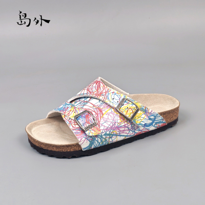 岛外软木底涂鸦双扣女勃肯一字拖
