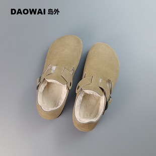 岛外DAOWAI勃肯鞋秋冬加绒羊毛包头软木单鞋真皮复古休闲博肯鞋