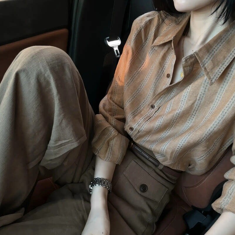 老钱风早秋条纹显瘦直筒裤套装女图片