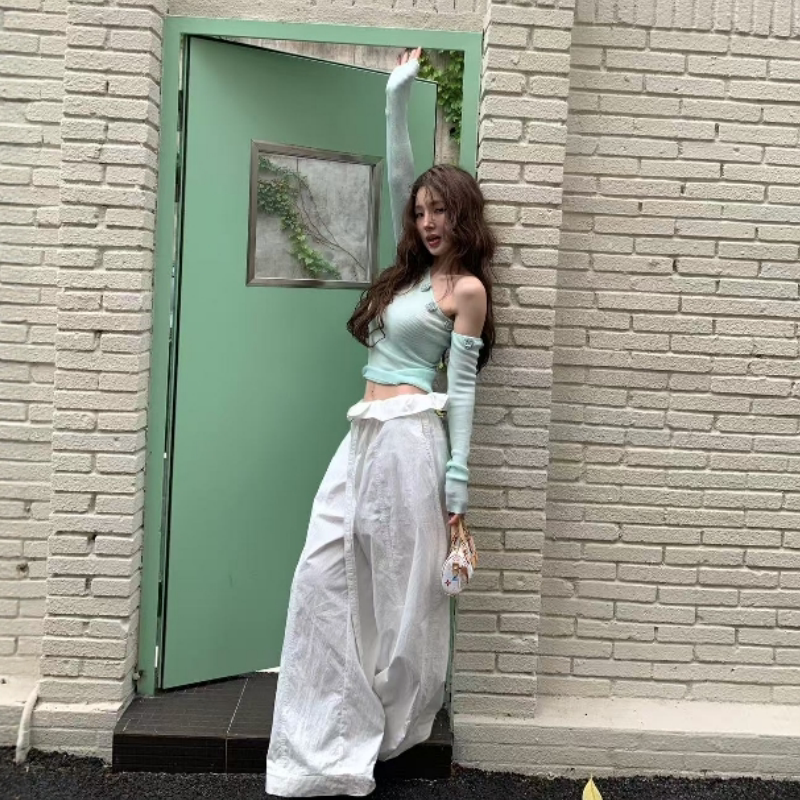 辣妹时尚修身别致斜肩针织上衣女休闲宽松阔腿长裤秋季穿搭一整套
