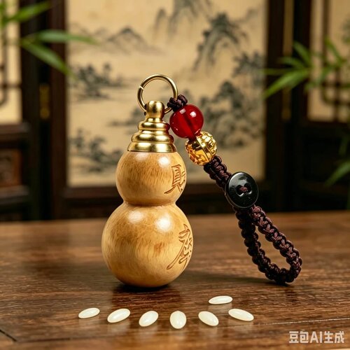 天然桃木七粒米财库葫芦钥匙扣挂件填充爆款网红款钥匙扣汽车挂件