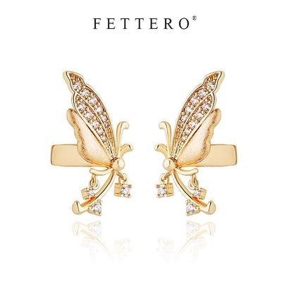 fettero 铜合金耳饰 【金色摇晃锆石蝴蝶对称耳夹】气质百搭小众