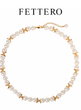 fettero 铜合金项链 【金色3比3荆棘珠珠项链8#】气质白色轻奢法