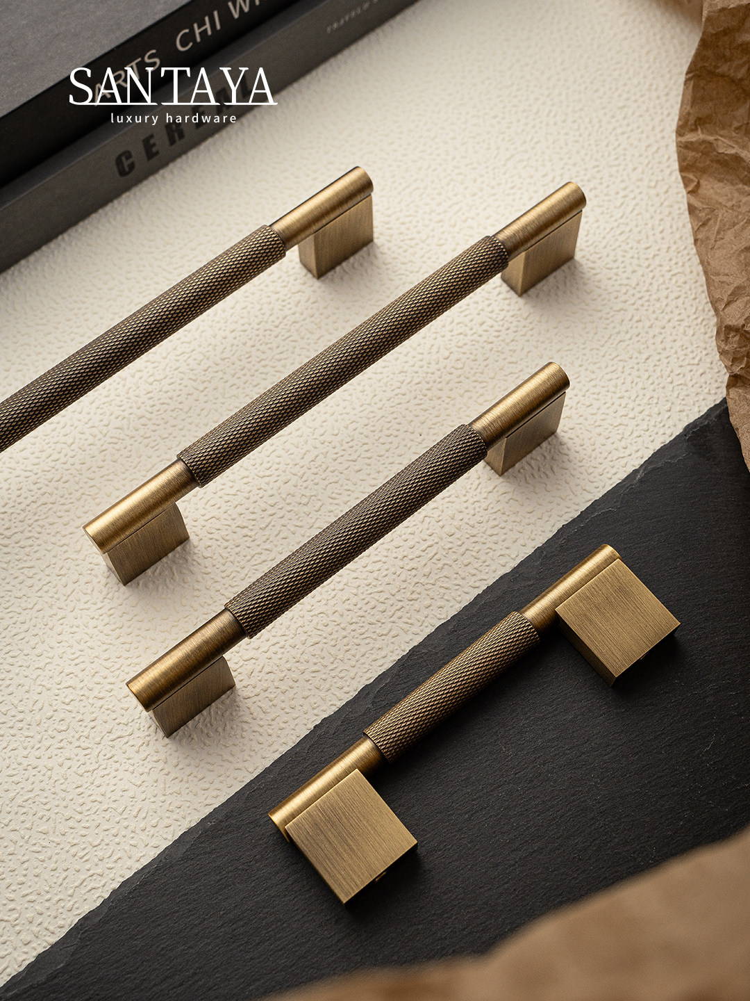 ntaYa美式复古滚花厨房抽屉橱柜门长拉手中古风古铜色黄铜拉手