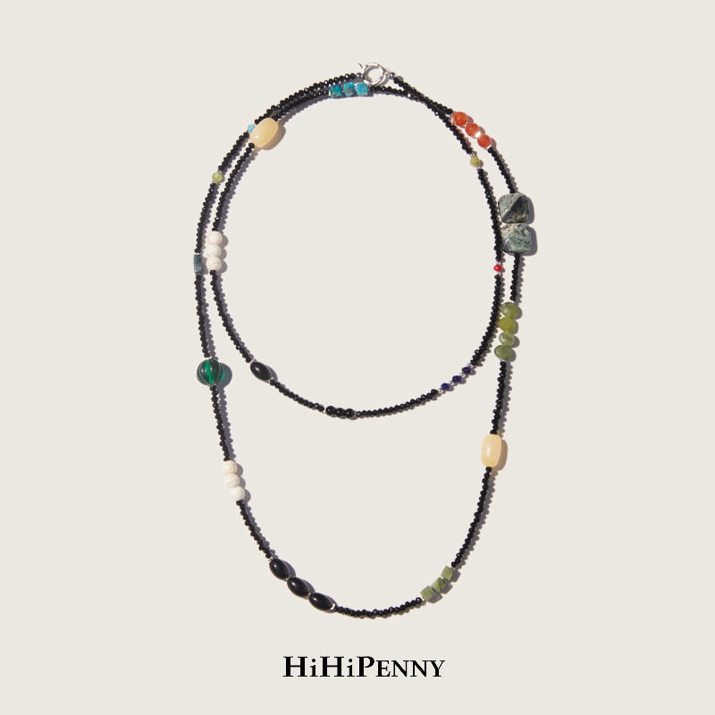 HiHipenny/温暖壁炉黑玉髓天然石项链古法琉璃串珠叠戴长款毛衣链