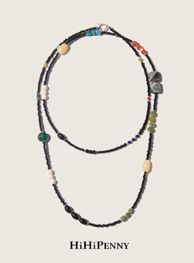 HiHipenny/温暖壁炉黑玉髓天然石项链古法琉璃串珠叠戴长款毛衣链