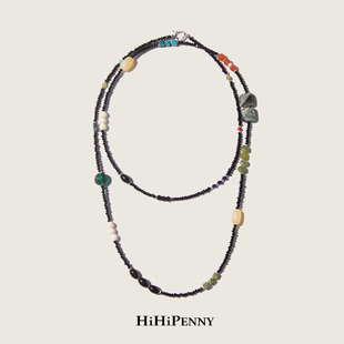 HiHipenny/温暖壁炉黑玉髓天然石项链古法琉璃串珠叠戴长款毛衣链