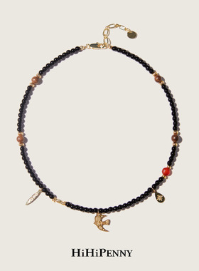 HiHipenny/温暖壁炉手绘小鸟树叶吊坠项链黑玛瑙天然石木串珠项链