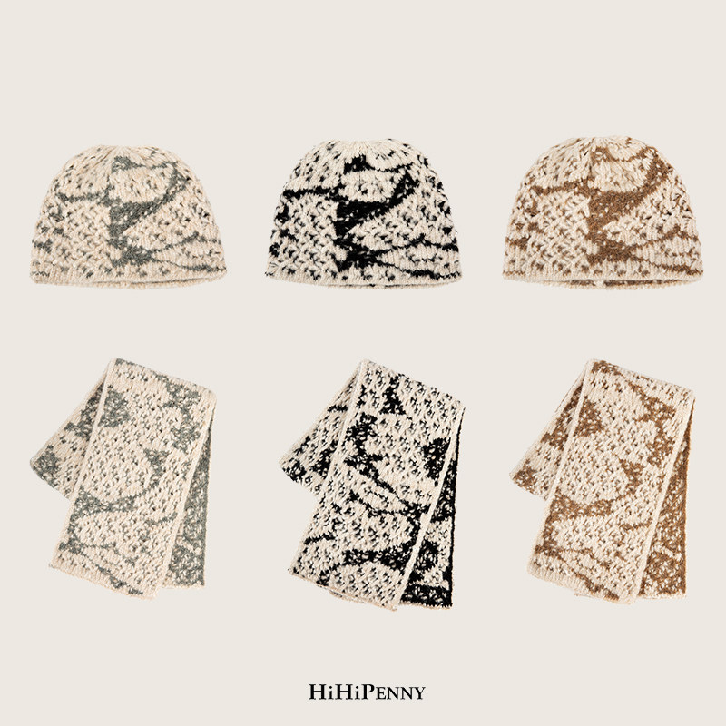 HiHipenny/复古提花针织毛线帽秋冬护耳冷帽羊毛混纺保暖帽子围巾