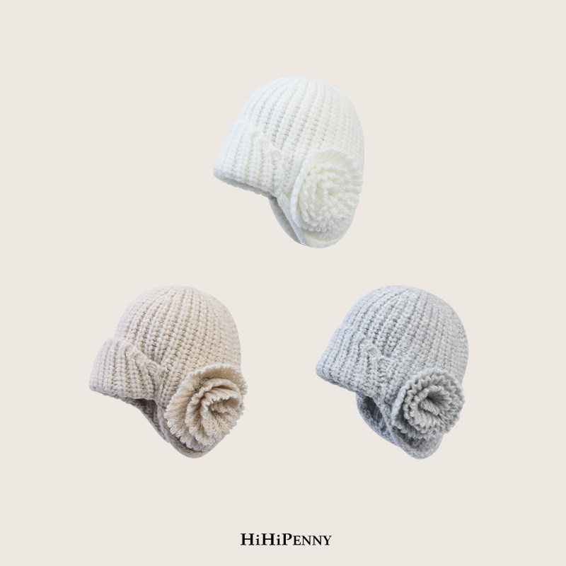 HiHipenny/“耳畔山茶花” 手工立体花朵羊毛混纺针织帽