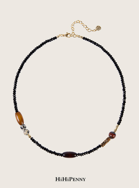 HiHipenny/黑玛瑙虎眼石项链自然木珠点缀手工复古