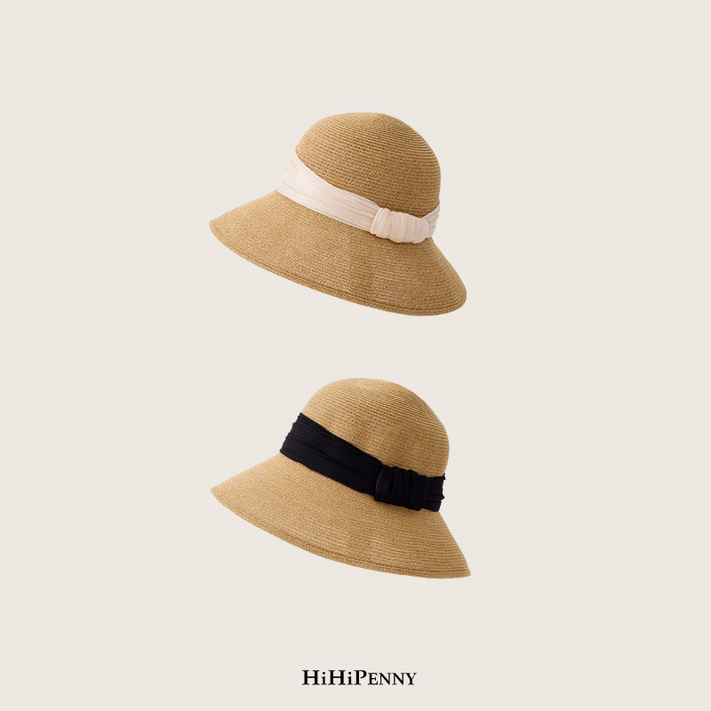 HiHipenny/法式褶皱丝带优雅钟形草帽女宽边盆帽