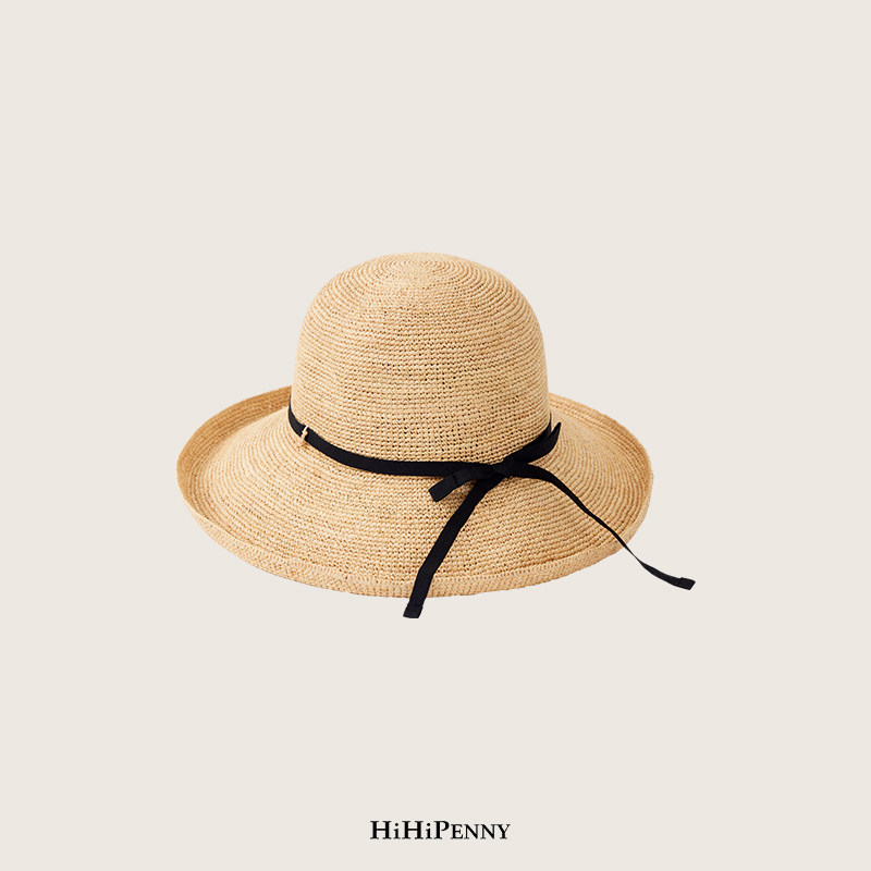 HiHipenny/ 法式极简细丝带手工拉菲草帽女微卷大檐帽